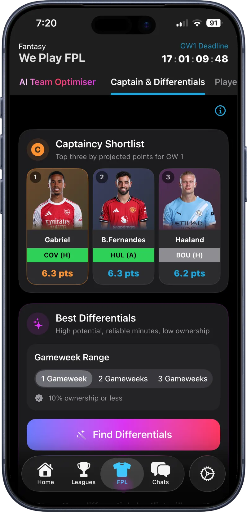 Captaincy shortlist and differential finder displayed in We Play FPL on iPhone