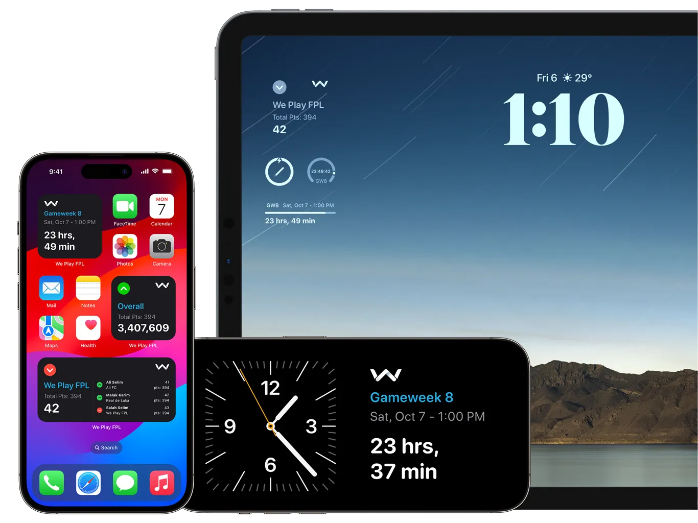We Play FPL home-screen widgets shown on iPhone, iPad and Mac